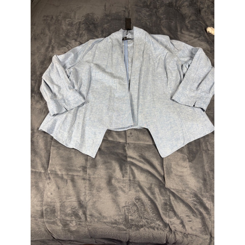 Lane Bryant Women 18 Light Blue Linen Blend Open Front Asymmetrical Jacket 5492